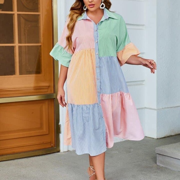 Multicolored SHEIN Colorblock Striped Flounce Sleeve Dress - Picture 1 of 3
